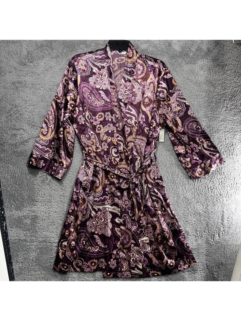 Adonna Robe Womens Large Purple Paisley Satin Kimono Short Wrap Belted L/G